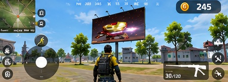 SENA mobile gameplay concept with an in-world billboard and coin counter