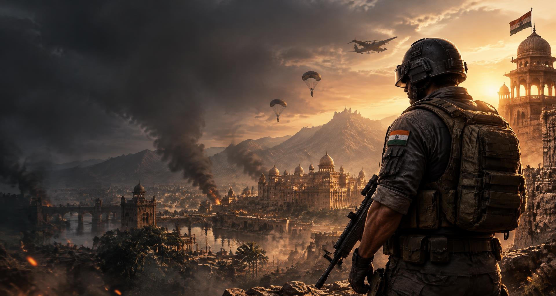 An Indian tactical fighter overlooking an expansive battlefield at sunset